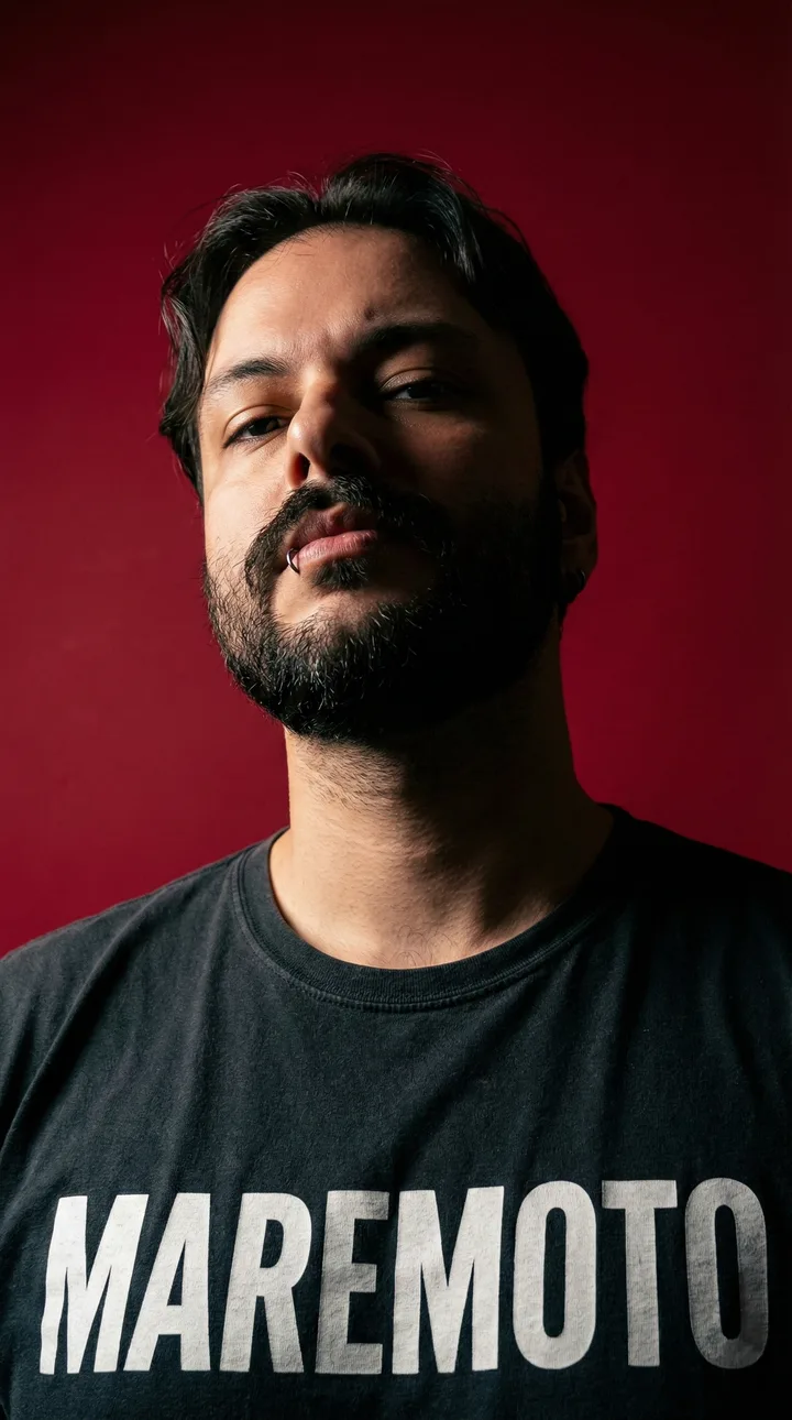 Caio Corraini olhando para a câmera, de camiseta preta escrita Maremoto, sobre fundo vermelho.